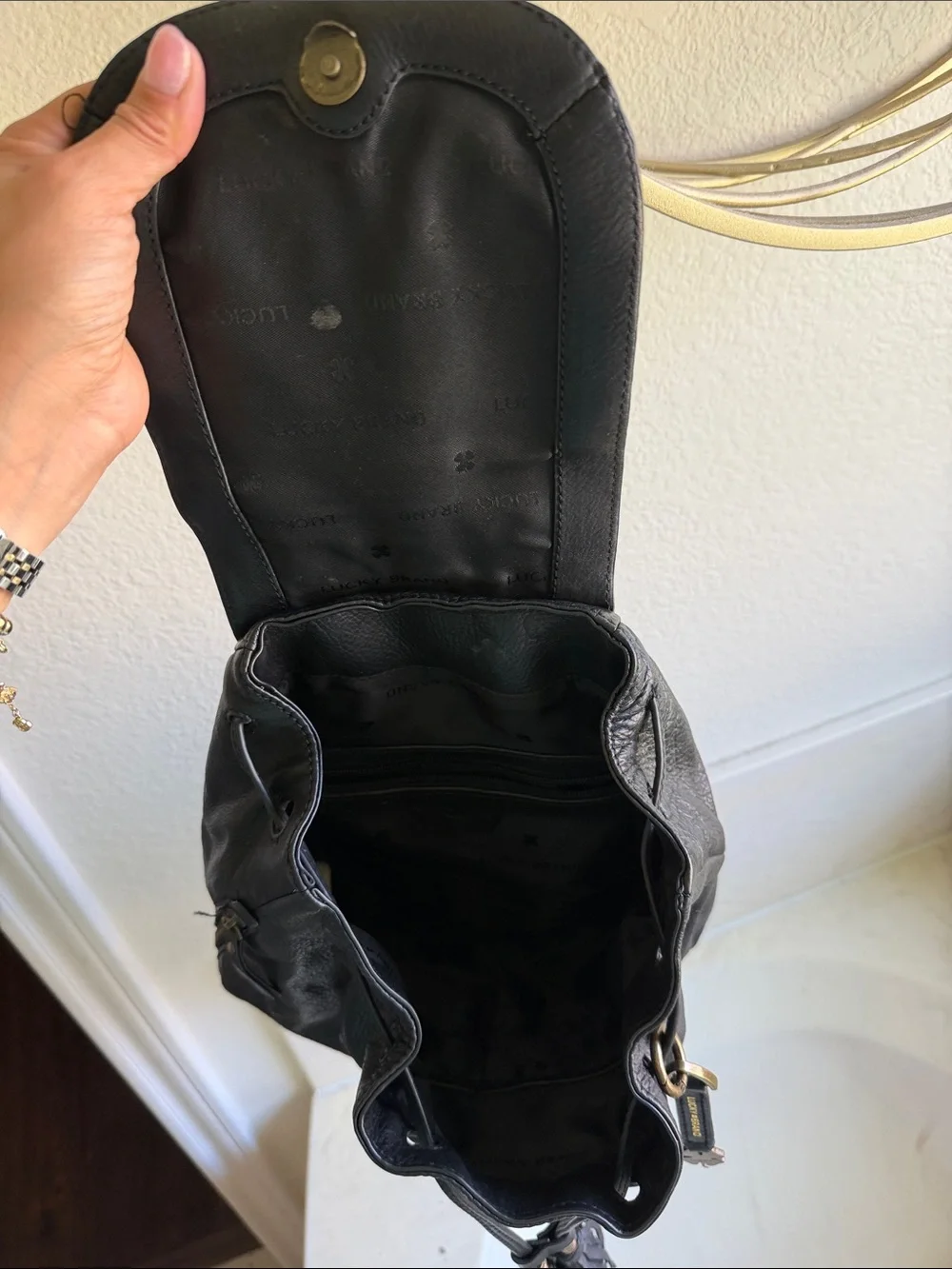 Lucky Brand Black Leather Drawstring Backpack with Tassels